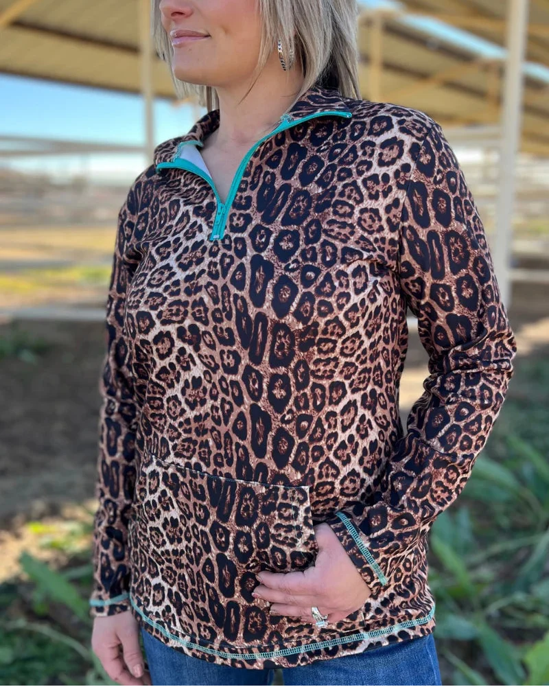 Hear Me Roar Leopard Pullover with Turquoise Zip by Sterling Kreek