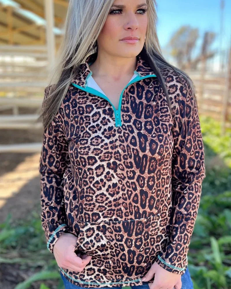 Hear Me Roar Leopard Pullover with Turquoise Zip by Sterling Kreek