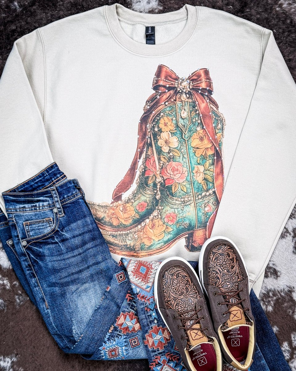 Heirloom Bloom Rhinestone Boot Sweatshirt in Tan