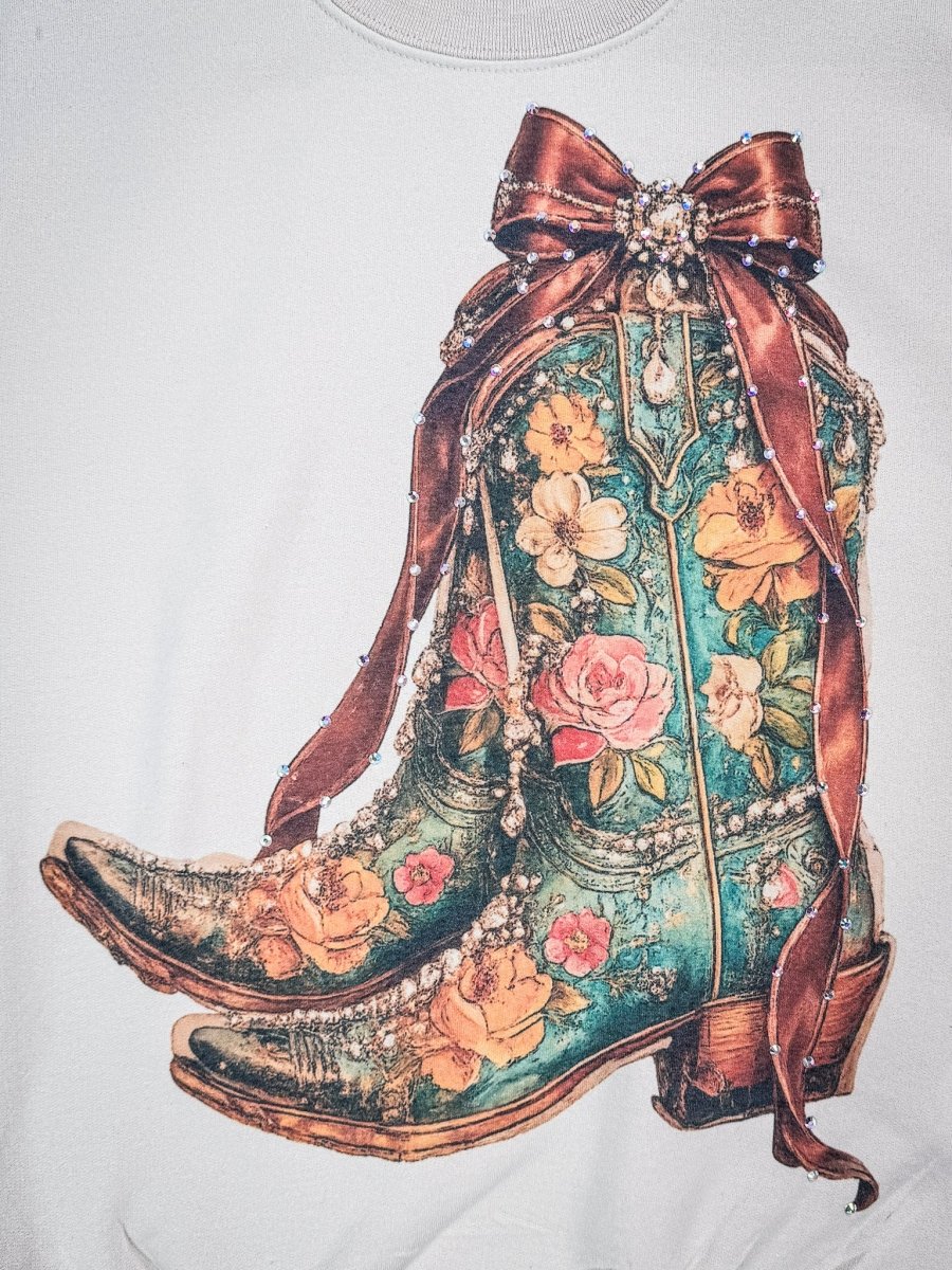 Heirloom Bloom Rhinestone Boot Sweatshirt in Tan