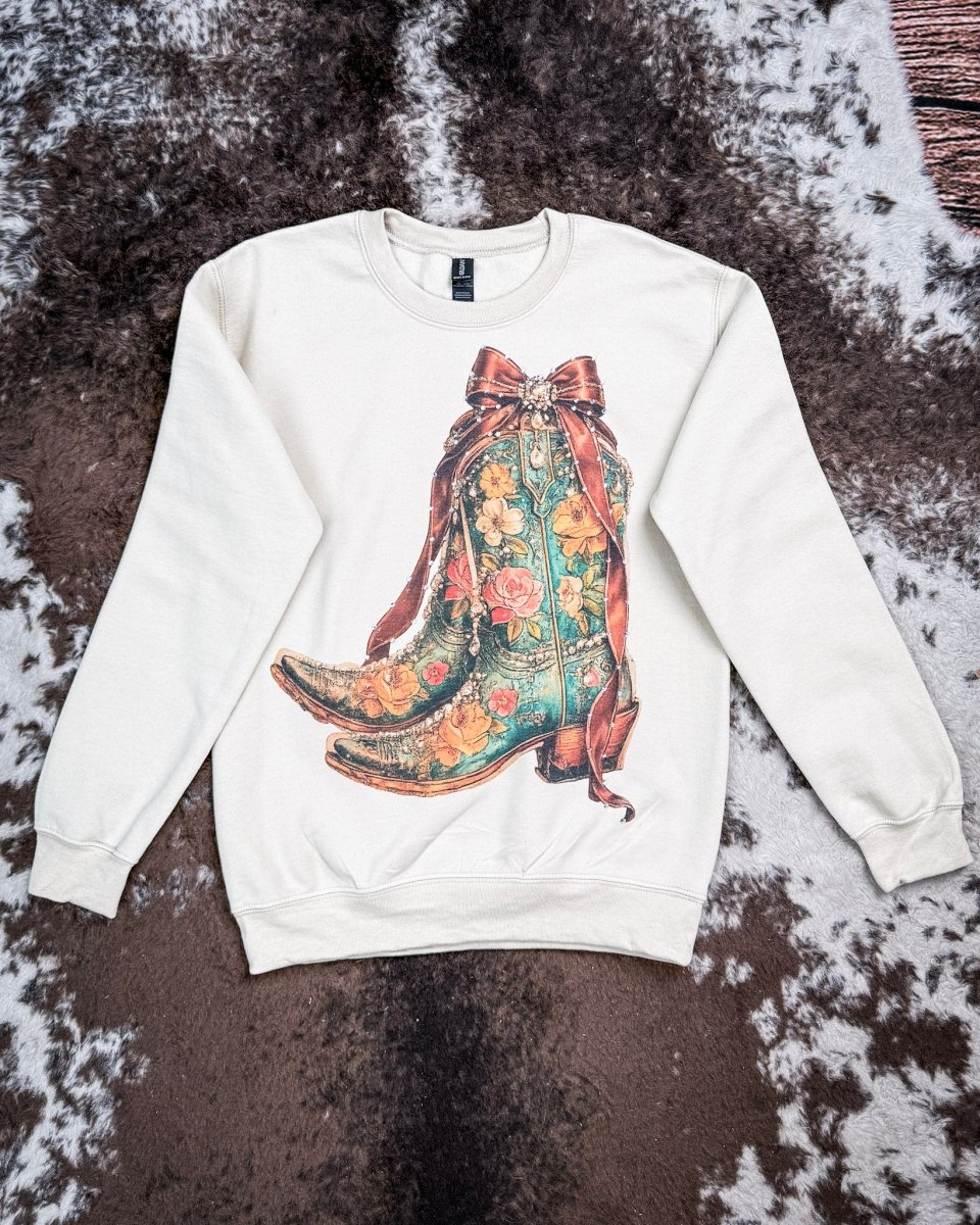 Heirloom Bloom Rhinestone Boot Sweatshirt in Tan