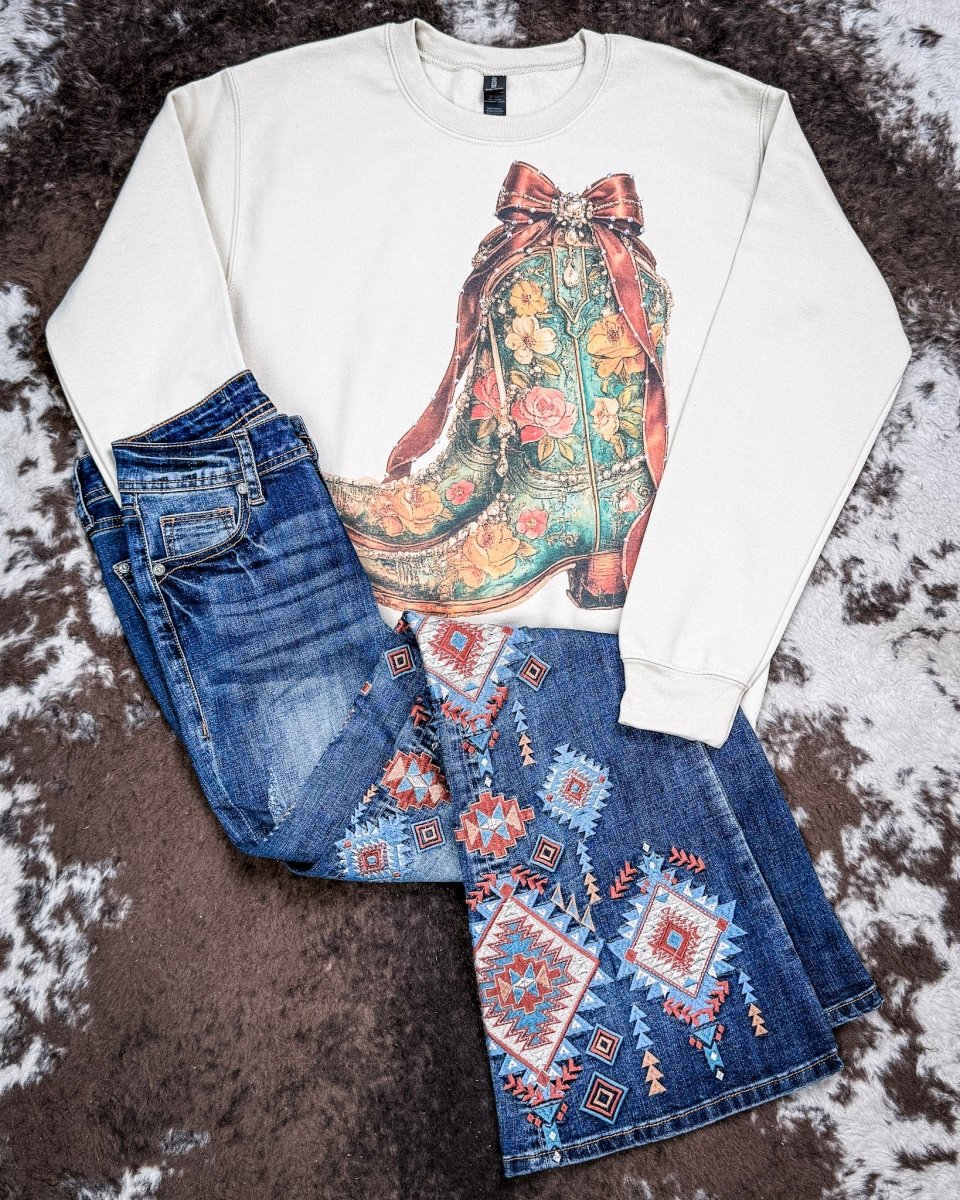 Heirloom Bloom Rhinestone Boot Sweatshirt in Tan