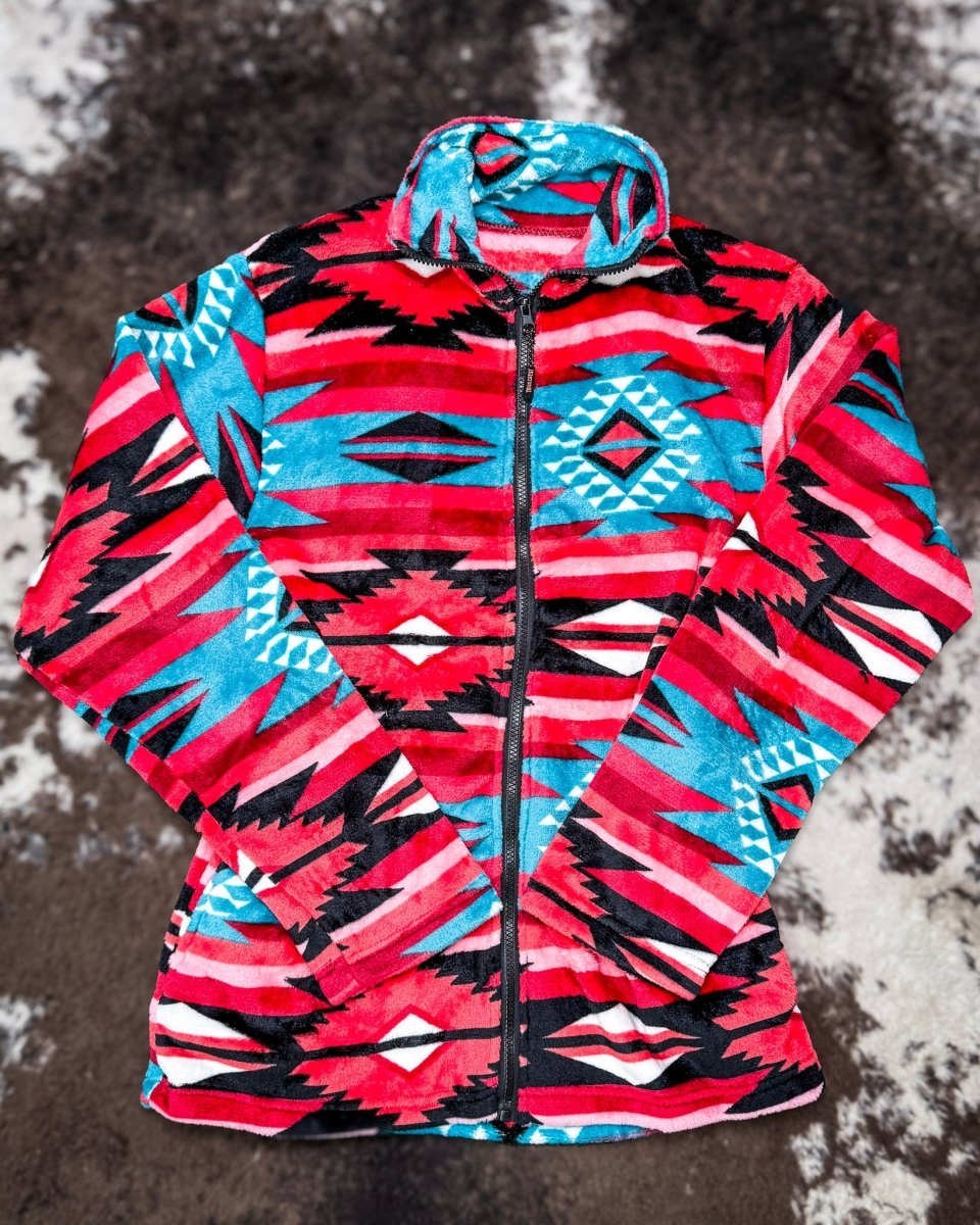 Heritage Plush Fleece Full Zip Pullover in Pink Turquoise Aztec