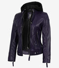 Women's Purple Real Leather Jacket With Removable Hood
