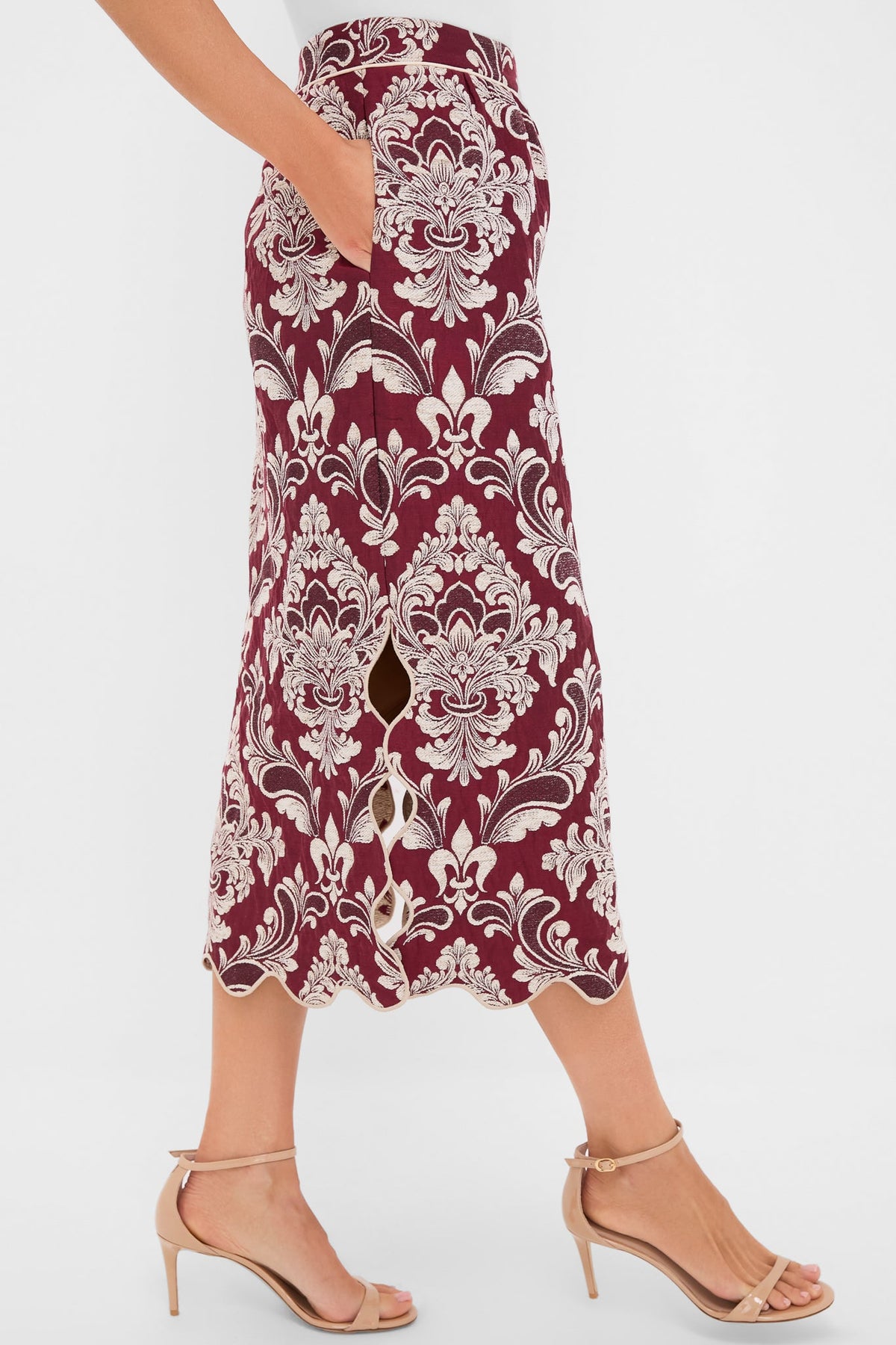 Blush Pink and Burgundy Bicolor Jacquard Waves Midi Skirt