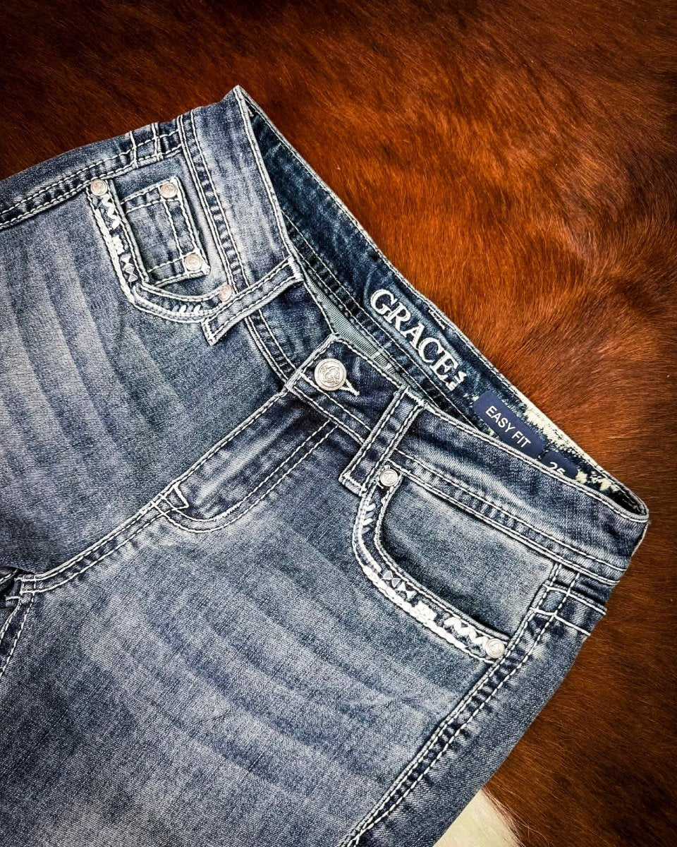 Ivory Patchwork Bootcut Jeans in Medium Dark Wash by Grace in LA