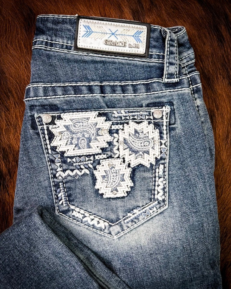 Ivory Patchwork Bootcut Jeans in Medium Dark Wash by Grace in LA