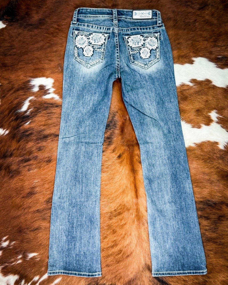 Ivory Patchwork Bootcut Jeans in Medium Dark Wash by Grace in LA