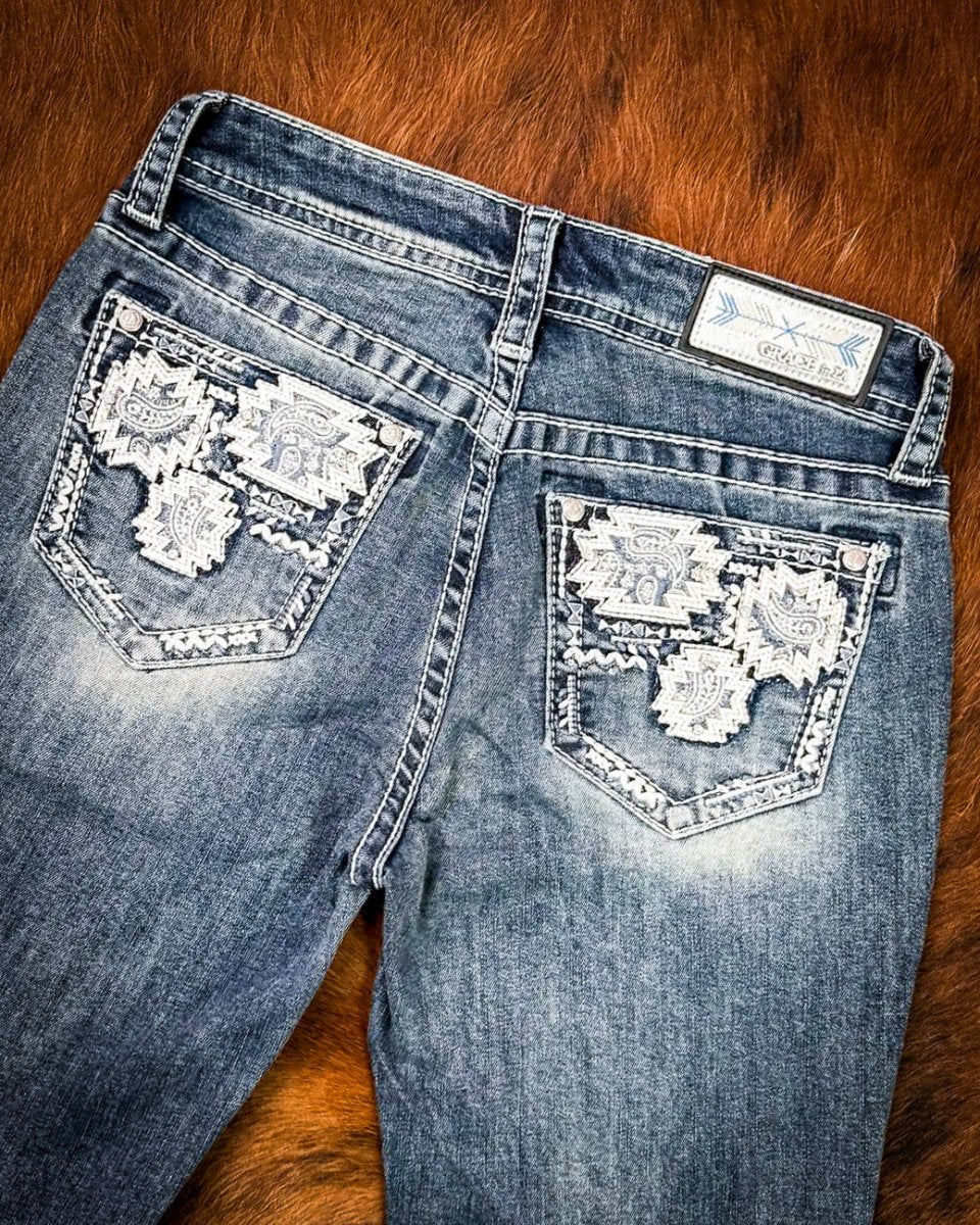 Ivory Patchwork Bootcut Jeans in Medium Dark Wash by Grace in LA