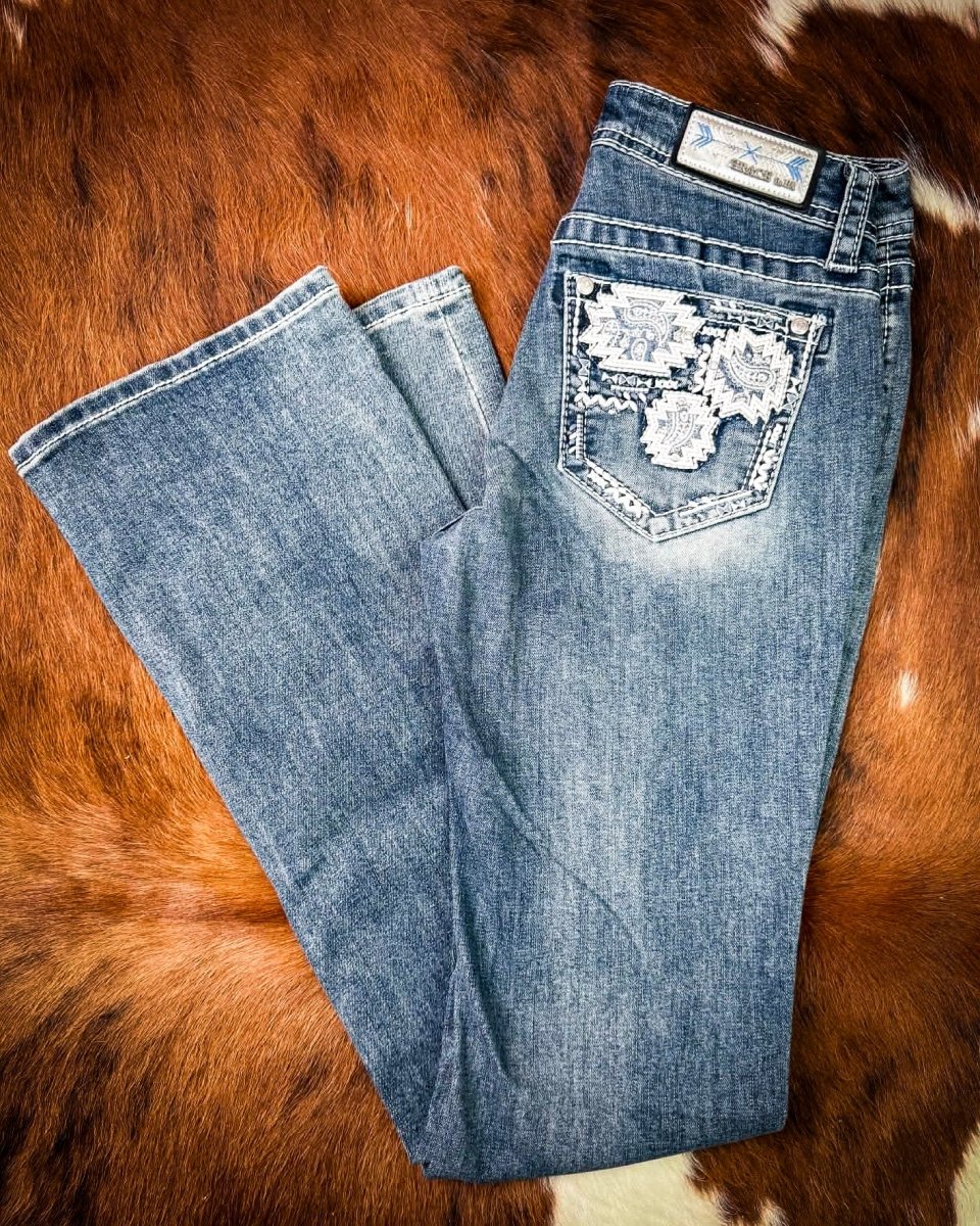 Ivory Patchwork Bootcut Jeans in Medium Dark Wash by Grace in LA