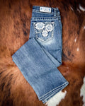 Ivory Patchwork Bootcut Jeans in Medium Dark Wash by Grace in LA