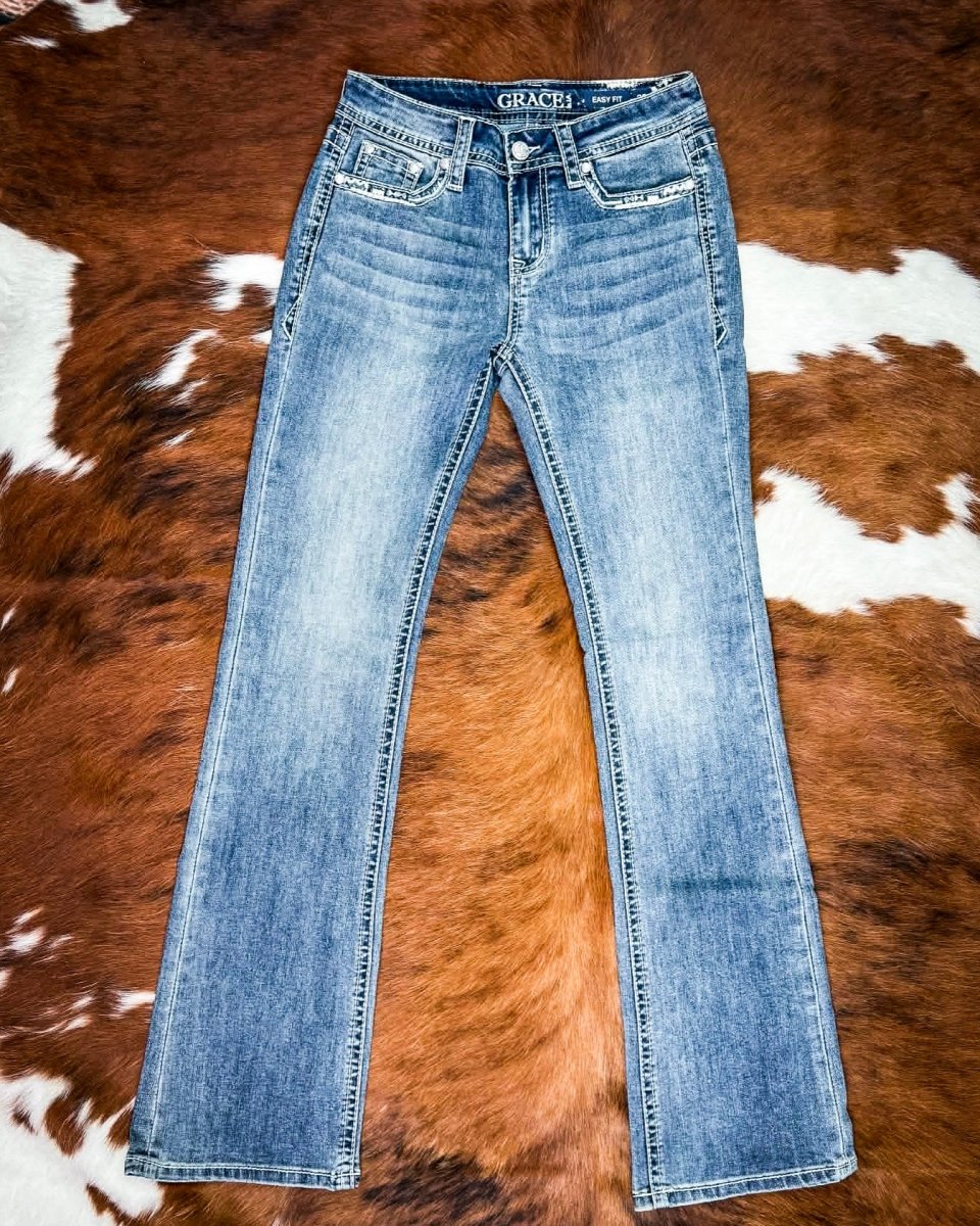 Ivory Patchwork Bootcut Jeans in Medium Dark Wash by Grace in LA