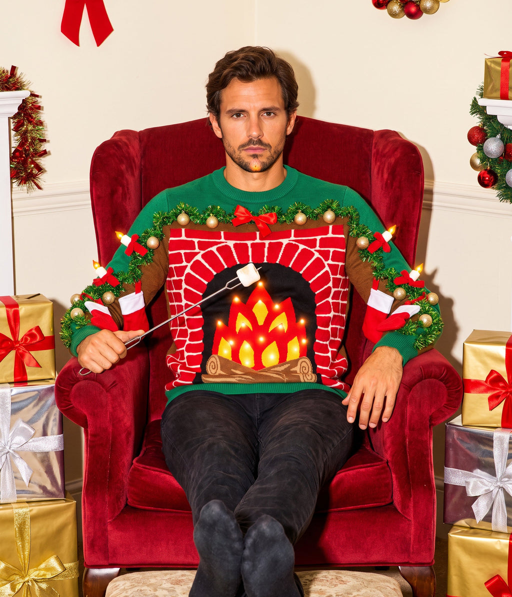 Men's Festive Fireplace Light Up Ugly Christmas Sweater