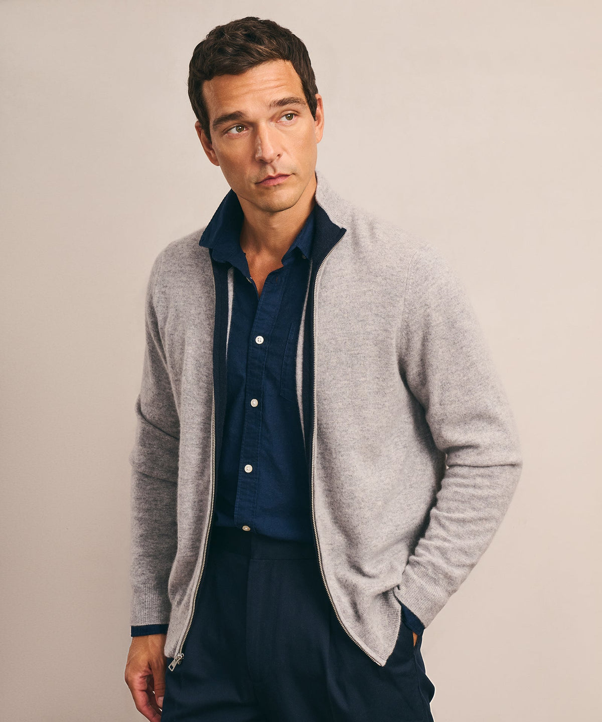 Signature Cashmere Color Blocked Full Zip Sweater