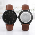Men's Minimalist Watch + Modern Font Engraving with Walnut Leather Strap and Black Face