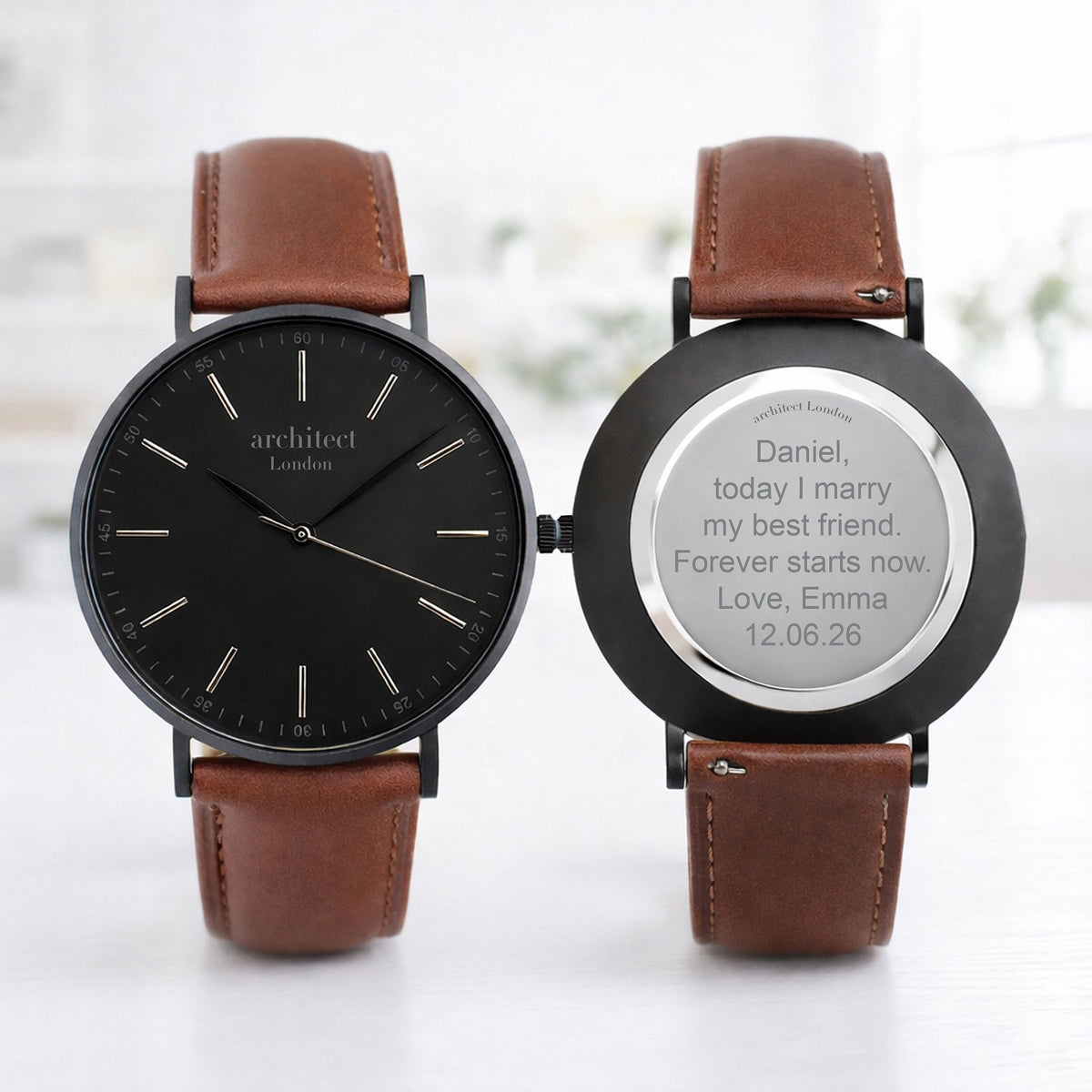 Men's Minimalist Watch + Modern Font Engraving with Walnut Leather Strap and Black Face