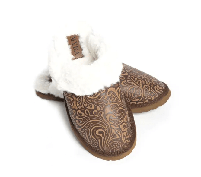 Classic Lined Brown Leather Slippers by Myra Bag