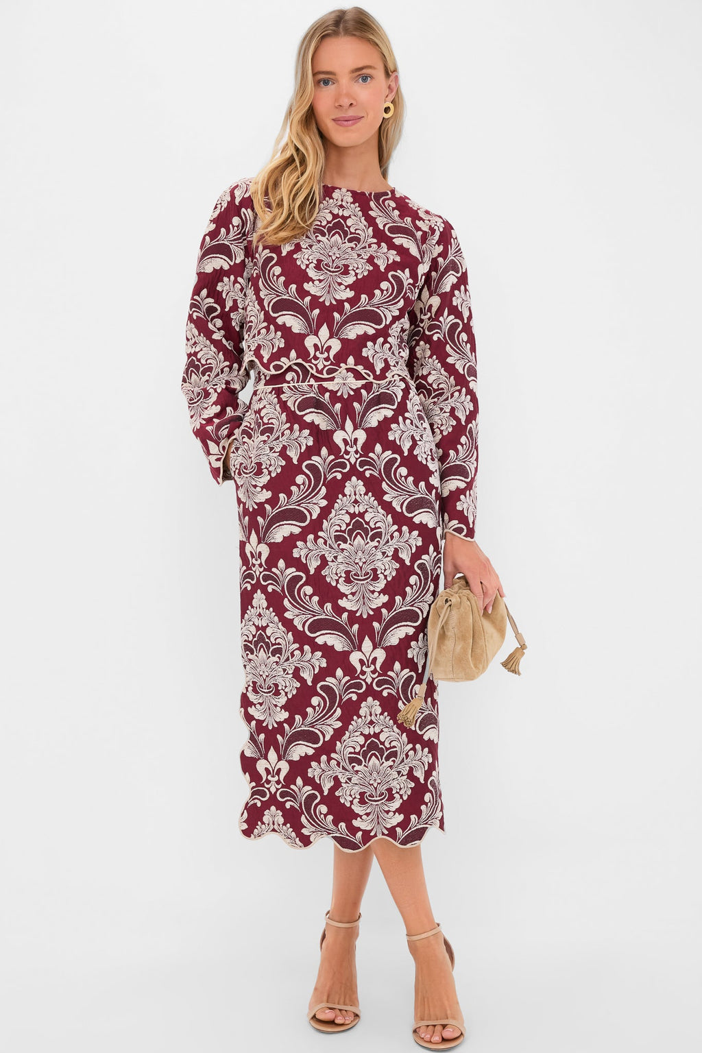 Blush Pink and Burgundy Bicolor Jacquard Waves Midi Skirt