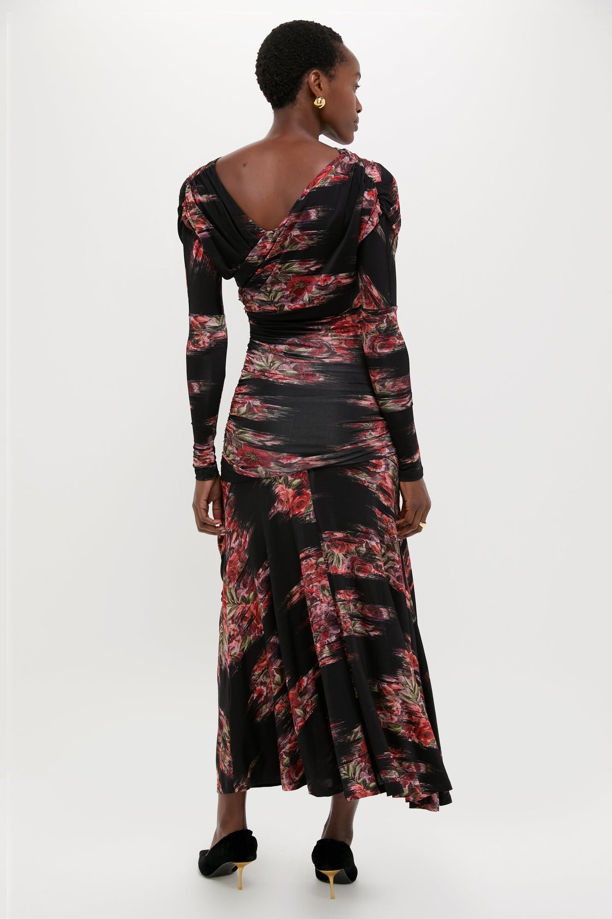 Black Printed Shiny Jersey Ruched Long Dress