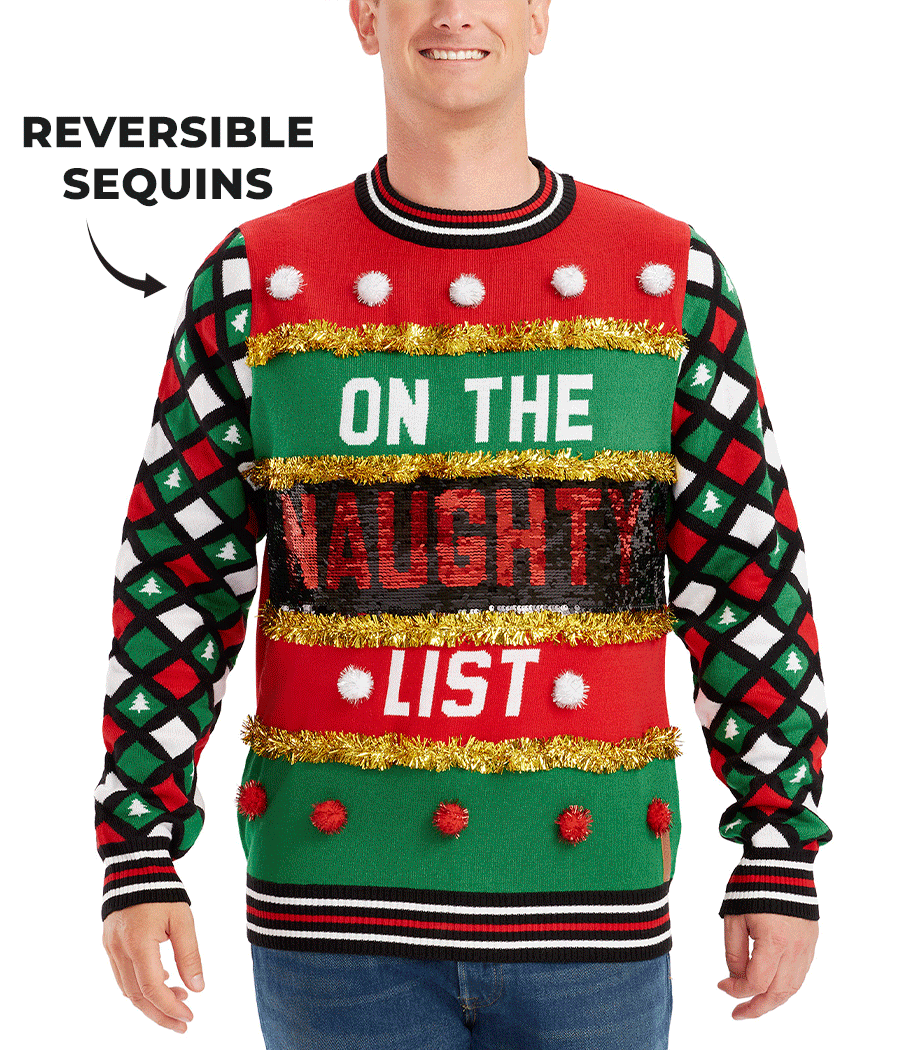 Men's Naughty or Nice Reversible Sequin Ugly Christmas Sweater