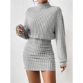 High Neck Ribbed Knit Sweater Dress
