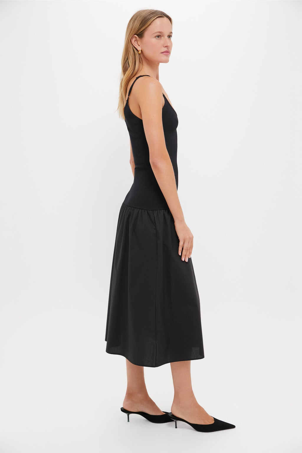 Black Mixed Media Drop Waist Ayden Midi Dress