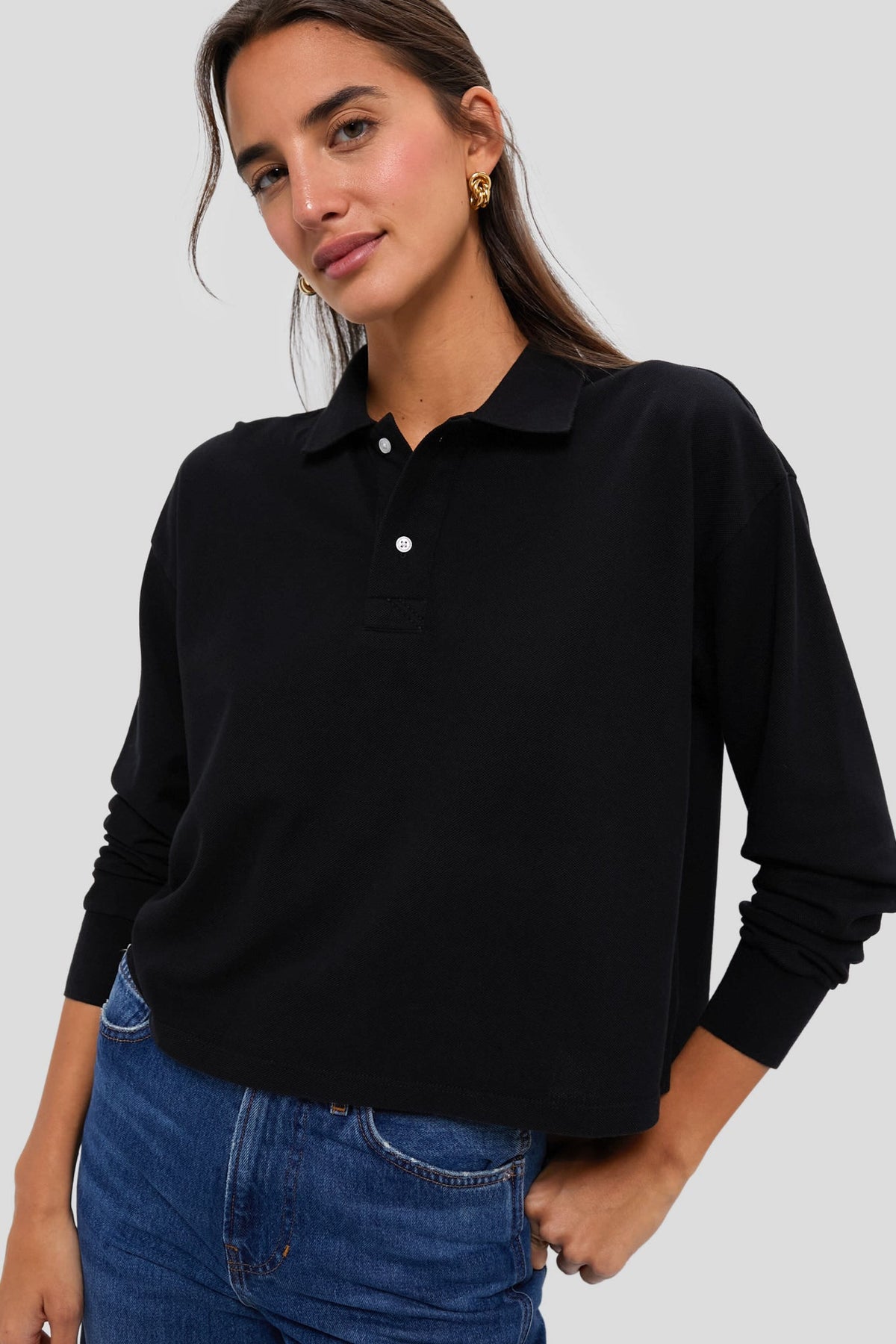 Black Long Sleeve Pique Holmes Boyfriend Polo