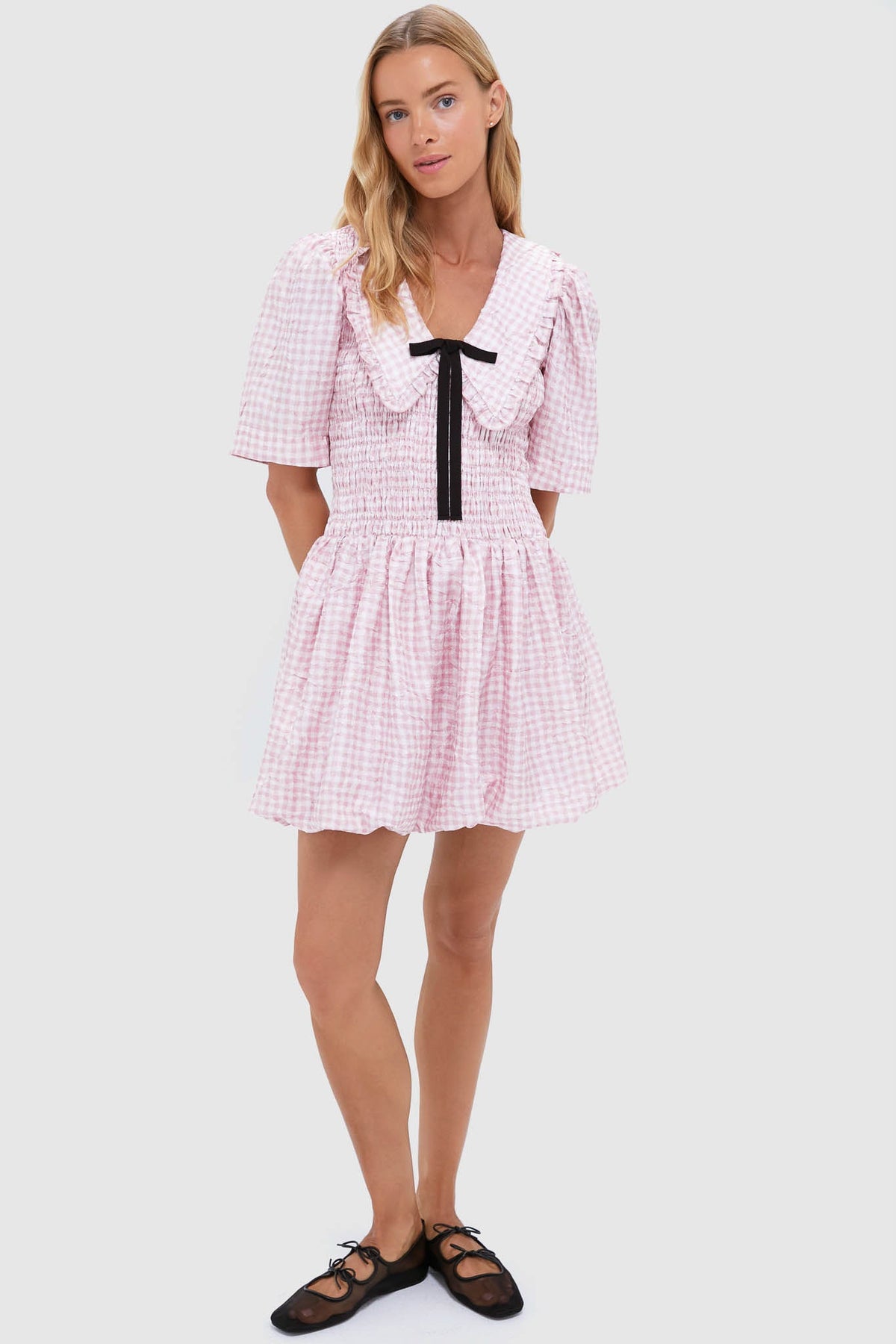 Bleached Mauve Shibori Pleat Mini Smock Bubble Dress