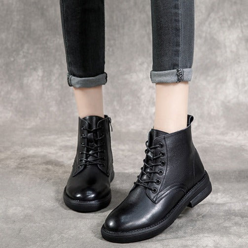 Women's Leather Casual and Light Lace-up Zipper Ankle Boot