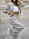 Women's Pinstripe Blazer and Pants Set with a Cropped Jacket and Wide Leg Trousers for Office Outfits