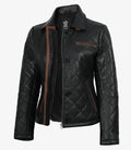 Women's Black Diamond Quilted Leather Jacket with Brown Trim
